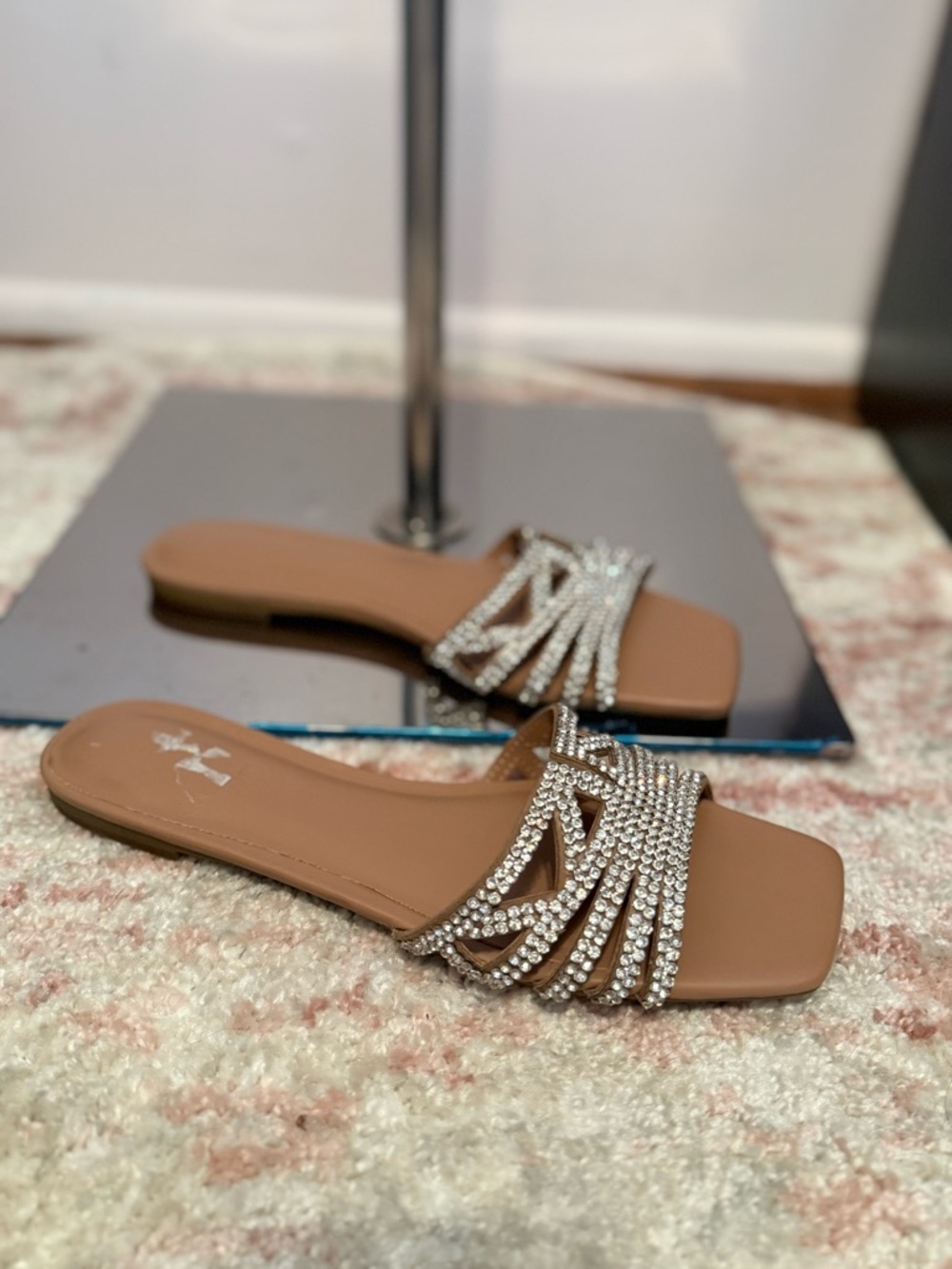 INC International Concepts Taupe Slide Sandals with Crystal Straps